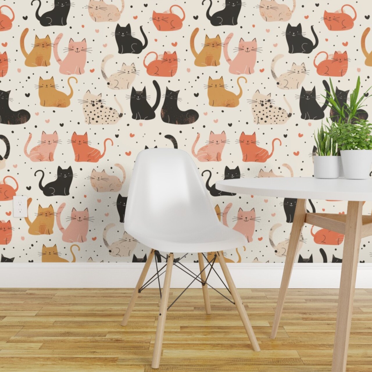 Pre-Pasted Wallpaper 2FT Wide Playful Cats Colorful Kitties Feline Fun Pet Lovers Neutral Cream Beige Coral Pink Whimsical Pets Custom Pre-pasted Wallpaper by Spoonflower